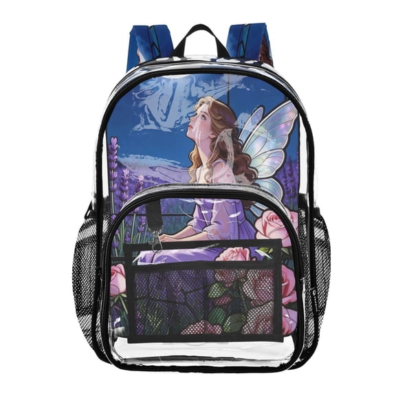 Large Clear PVC Backpack Heavy Duty See Through Backpack for Adults Work Travel, Moon Fairy Printed 12L