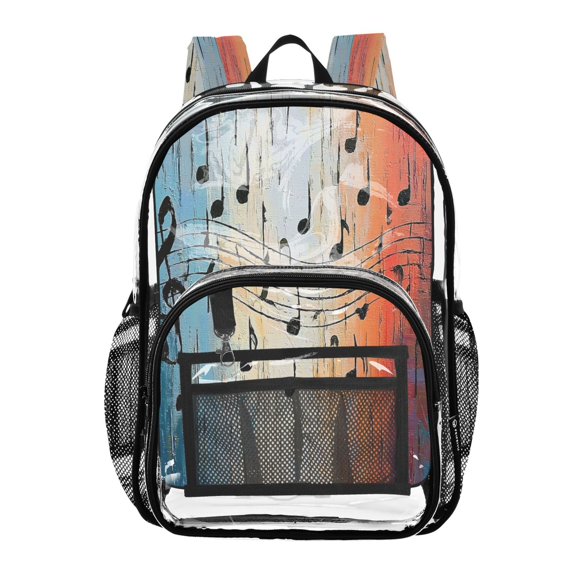 Large Clear PVC Backpack Heavy Duty See Through Backpack for Adults Work Travel, Music Notes Art Printed 12L