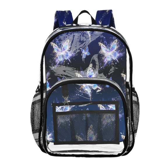 Large Clear PVC Backpack Heavy Duty See Through Backpack for Adults Work Travel, Navy Butterfly Printed 12L