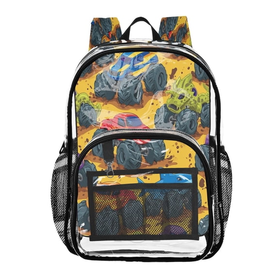 Large Clear PVC Backpack Heavy Duty See Through Backpack for Adults Work Travel, Orange Monster Truck Printed 12L