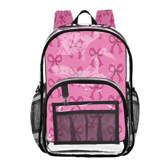 Large Clear PVC Backpack Heavy Duty See Through Backpack for Adults Work Travel, Pink-bow Pattern Printed 12L