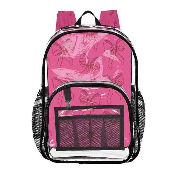 Large Clear PVC Backpack Heavy Duty See Through Backpack for Adults Work Travel, Pink-bow Print Printed 12L