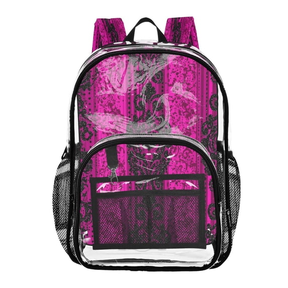 Large Clear PVC Backpack Heavy Duty See Through Backpack for Adults Work Travel, Pink-damask Lace Printed 12L