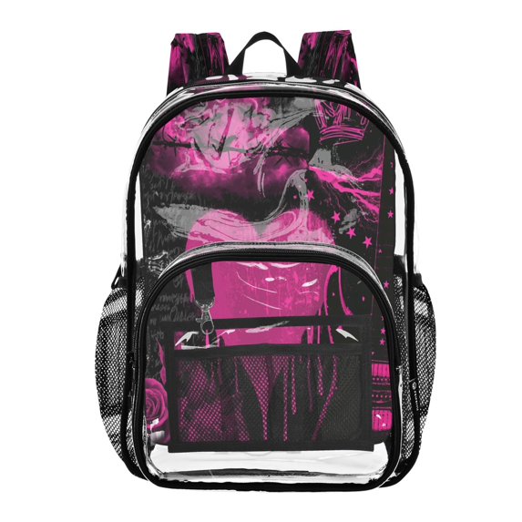 Large Clear PVC Backpack Heavy Duty See Through Backpack for Adults Work Travel, Pink-gothic Heart Printed 12L
