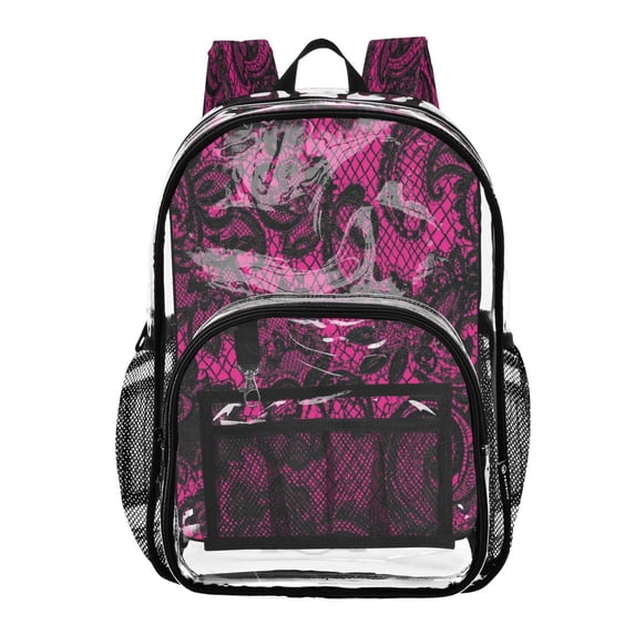 Large Clear PVC Backpack Heavy Duty See Through Backpack for Adults Work Travel, Pink-lace Printed 12L