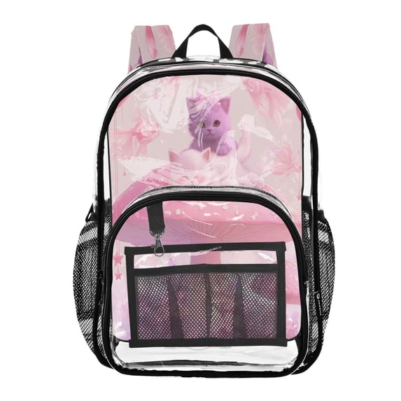 Large Clear PVC Backpack Heavy Duty See Through Backpack for Adults Work Travel, Pink-mushroom Cats Printed 12L