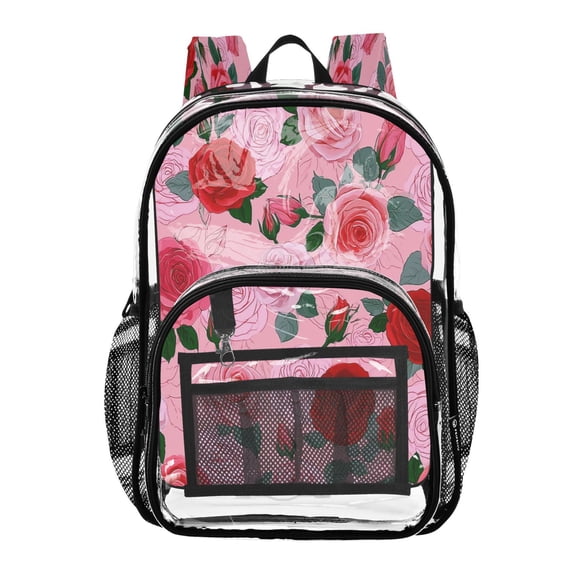 Large Clear PVC Backpack Heavy Duty See Through Backpack for Adults Work Travel, Pink-rose Pattern Printed 12L