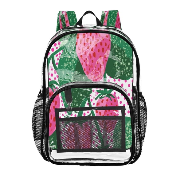 Large Clear PVC Backpack Heavy Duty See Through Backpack for Adults Work Travel, Pink-strawberry Print Printed 12L