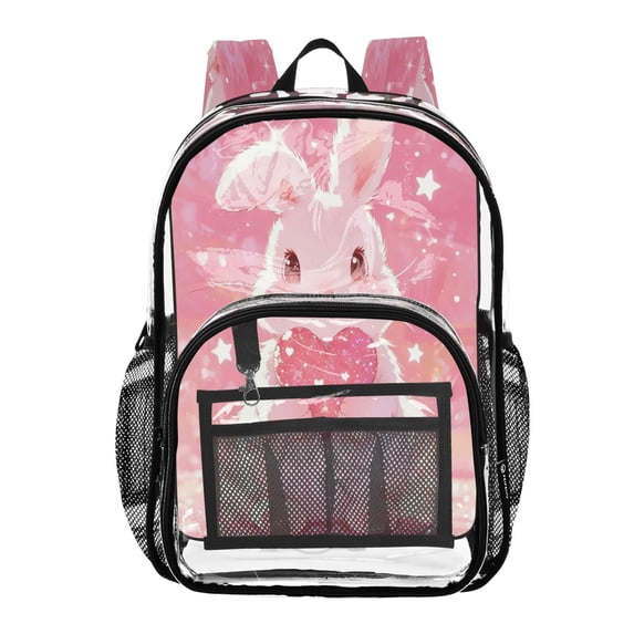 Large Clear PVC Backpack Heavy Duty See Through Backpack for Adults Work Travel, Pinkheartrabbit Printed 12L