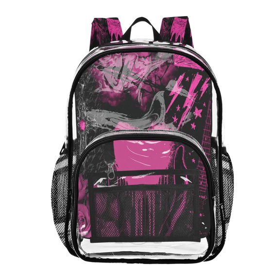 Large Clear PVC Backpack Heavy Duty See Through Backpack for Adults Work Travel, Punk Pink-collage Printed 12L
