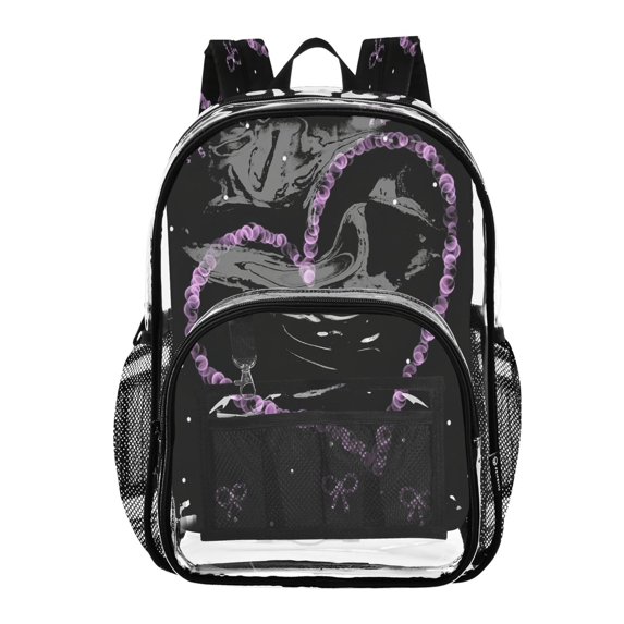 Large Clear PVC Backpack Heavy Duty See Through Backpack for Adults Work Travel, Purple Heart Bow Printed 12L