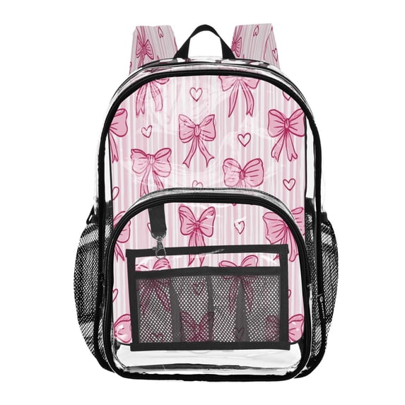 Large Clear PVC Backpack Heavy Duty See Through Backpack for Adults Work Travel, Striped Pink-bows Printed 12L
