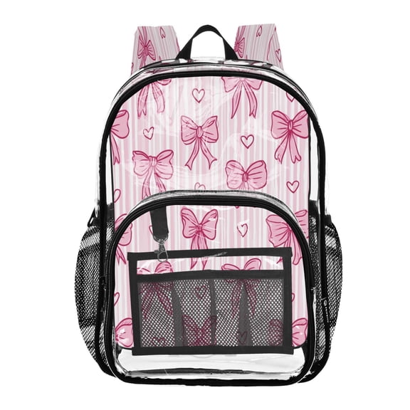 Large Clear PVC Backpack Heavy Duty See Through Backpack for Adults Work Travel, Striped Pink-bows Printed 12L