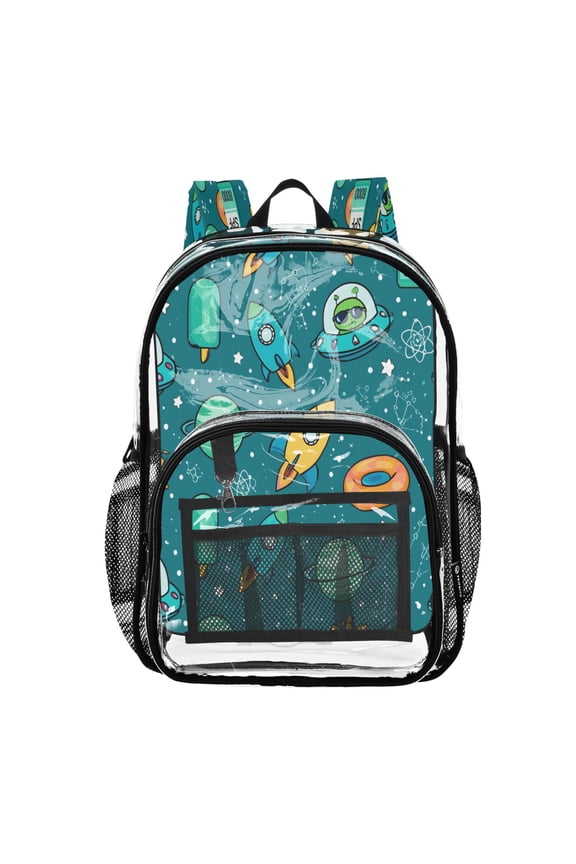 Large Clear PVC Backpack Heavy Duty See Through Backpack for Adults Work Travel, Teal Alien Space Printed 12L