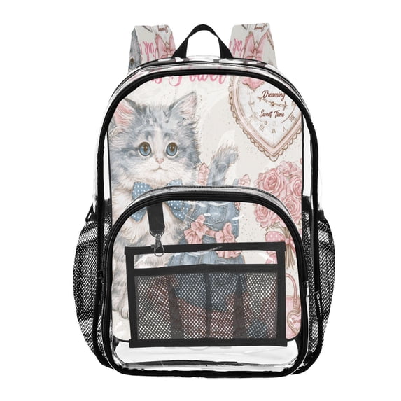 Large Clear PVC Backpack Heavy Duty See Through Backpack for Adults Work Travel, Vintage Cute Kitten Printed 12L