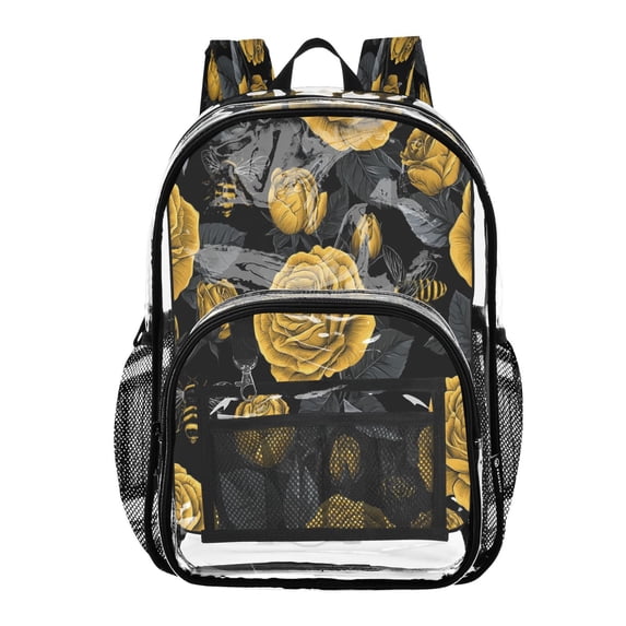 Large Clear PVC Backpack Heavy Duty See Through Backpack for Adults Work Travel, Yellow Rose Bee Printed 12L