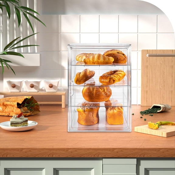 Large Clear Pastry Display Case with Magnetic Door for Kitchen Bread Storage 4 Layers Adjustable Food Safe Container