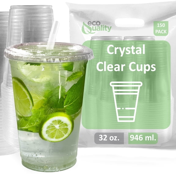 Large Clear Plastic Disposable Cups with Lids & Straws 150 count - 32 oz (ounces) Clear PET Cup for Cold Smoothie, Iced Coffee, Boba, Bubble Tea, Protein Shakes, Cold Drinks