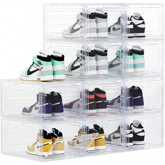 Large Clear Plastic Shoe Boxes Stackable Organizing Sneaker 10 Pack Drop Front Shoe Storage Boxes for Closet plastic shoe storage entryway for Size 12 Clear 10 Pack