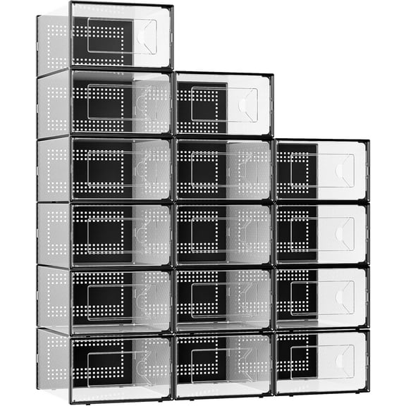 Large Clear Plastic Stackable Shoe Storage Box, 15-Pack, Black, Modern Style with Lift-Off Lids