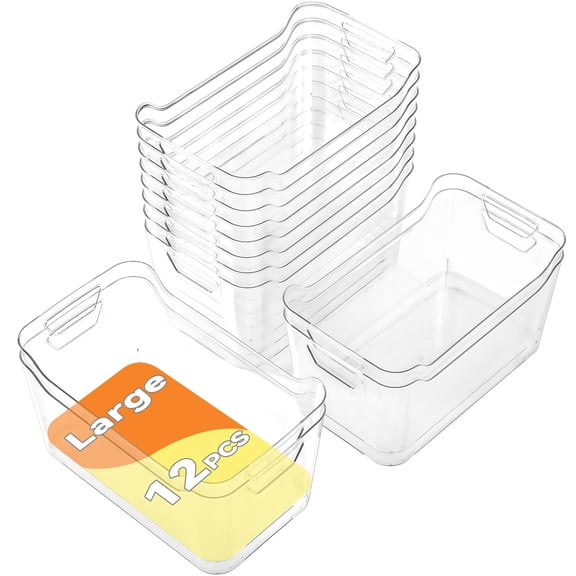 Large Clear Plastic Storage Crates 12 Pack For Kitchen Pantry Freezer Cabinet Bathroom Under Sink Organization