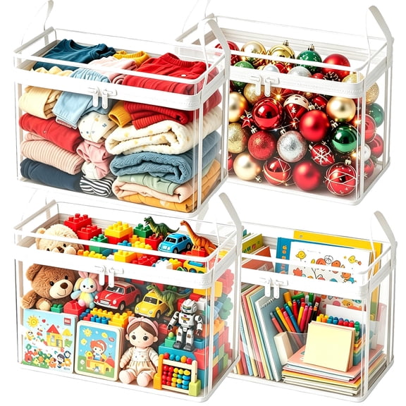Large Clear Plastic Storage Moving Bags Thick Comforter & Clothes Tote Container Bin, Stackable Foldable Boxes 20 L Hinged Lid Zipper Organizer for Book Toys Camping Travel Attic White