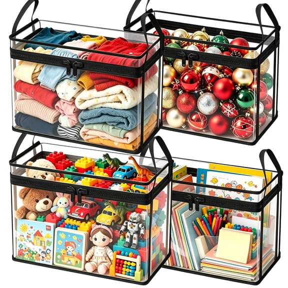 Large Clear Plastic Storage Moving Bags Thick Comforter & Clothes Tote Container Bin, Stackable Foldable Boxes 30 L Hinged Lid Zipper Organizer for Book Toys Camping Travel Attic Black