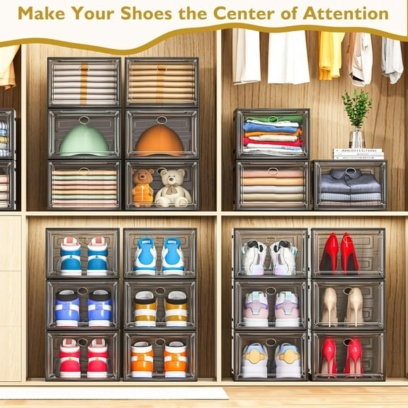 Large Clear Shoe Boxes Organizer【Thicker Material】 Stronger Shoe Box with Magnetic Door, Stackable Shoe Storage Box for Closet, Foldable Space-Saving Storage Bins Shoe Cabinet, Black 9-Pack