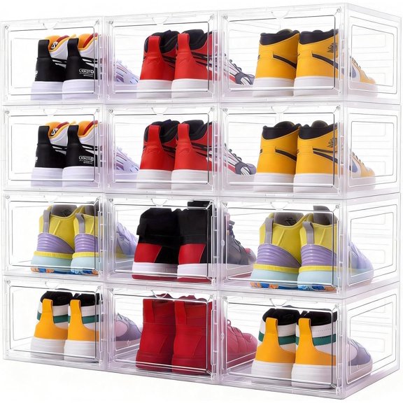 Large Clear Shoe Storage Boxes Stackable, 12 Pack Hard Plastic Shoe Storage Organizer with Door, Shoe Container Sneaker Storage Display Case Fit up to Size 12 Clear