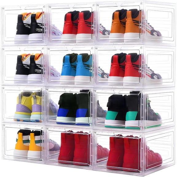 Large Clear Shoe Storage Boxes Stackable, 12 Pack Hard Plastic Shoe Storage Organizer with Magnetic Door, Shoe Container Sneaker Storage Display Case Fit up to US Size 13 Clear