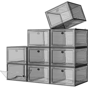 Large Clear Shoe Boxes Organizer 9-Pack, Thicker Stackable Shoe Storage Bins with Magnetic Door, Foldable Space-Saving Closet Organizer in Black