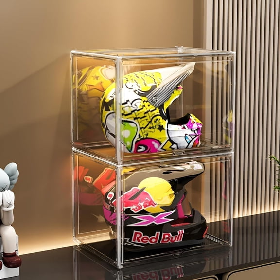 Large Clear Stackable Plastic Storage Bins with Door, Dustproof Figures Collectibles Display Case, Football & Motorcycle Helmet Showcase, Basketball, Memorabilia Organizer Box (XL, Count, 1)