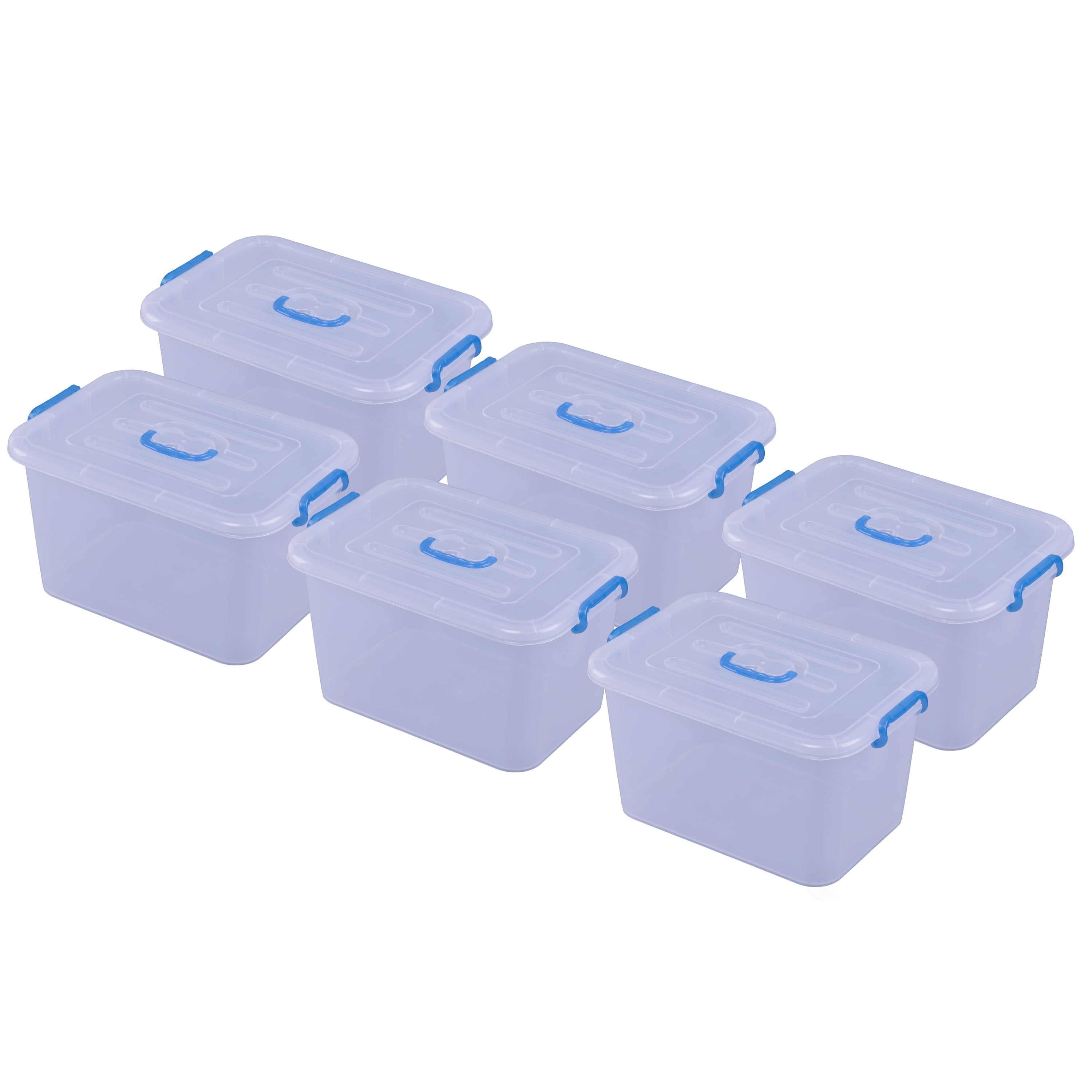 Large Clear Plastic Storage Containers with Blue Handles, Set of 6
