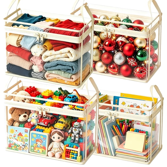 Large Clear Textbooks & Comic Books Storage Box, Stackable Foldable Display Case Plastic Container Bags 20 L, Magazines, Kids' Books, Toys and Clothes Tote Organizer with Hinged Lid Zipper, White