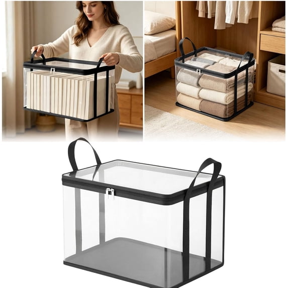 Large Clear Thick Plastic Storage Box With Hinged Lid, Clear Storage Pro, Heavy Duty PVC Storage Box with Zipper Lid, Foldable Organizer Bin with Handles for Clothes, Books
