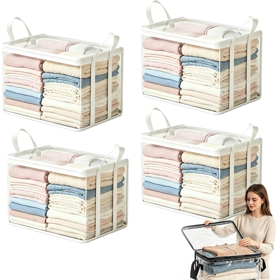 Large Clear Thick Plastic Storage Box with Hinged Lid, Heavy-Duty Durable High Capacity Organizer, Perfect for Home, Camping, Travel, Attic and Moving (White *4, L)