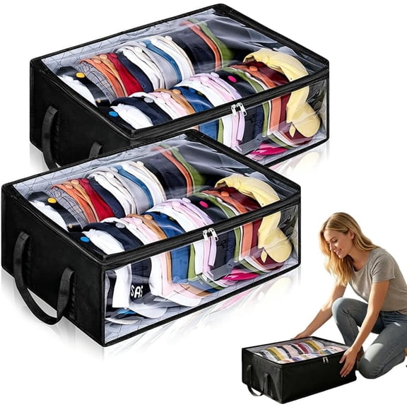 Large Clear Thick Plastic Storage Box with Hinged Lid, Heavy Duty Transparent Storage Bags, Foldable All Purpose Organizer for Clothes, Moving, Home – Extra Large Capacity, Stackable (2, Black) M