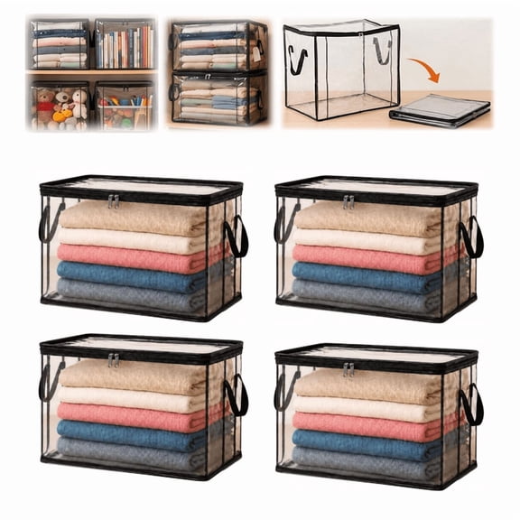Large Clear Thick Plastic Storage Box with Hinged Lid, Large Heavy Duty Thick Plastic Clear Storage Box, Extra Large Capacity Storage Bins, PVC Container For Garage Closet Storage Black Large-4pcs