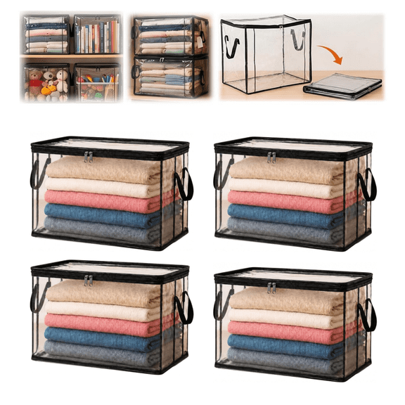 Large Clear Thick Plastic Storage Box with Hinged Lid, Large Heavy Duty Thick Plastic Clear Storage Box, Extra Large Capacity Storage Bins, PVC Container For Garage Closet Storage Black Large-4pcs