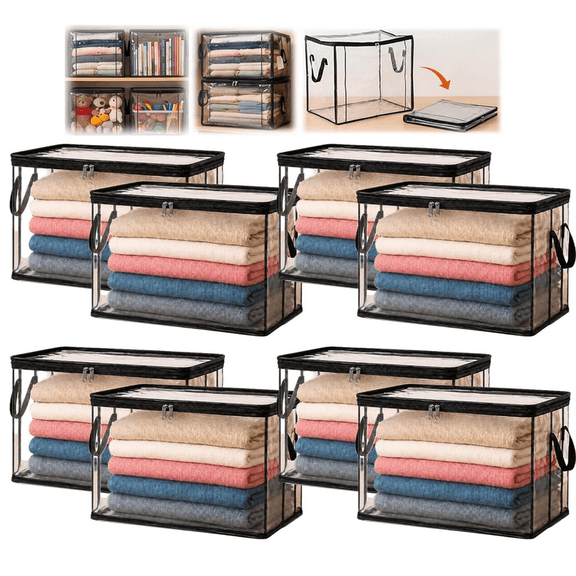 Large Clear Thick Plastic Storage Box with Hinged Lid, Large Heavy Duty Thick Plastic Clear Storage Box, Extra Large Capacity Storage Bins, Space-Saving Bag For Bedding Arrangement Black Large-8pcs