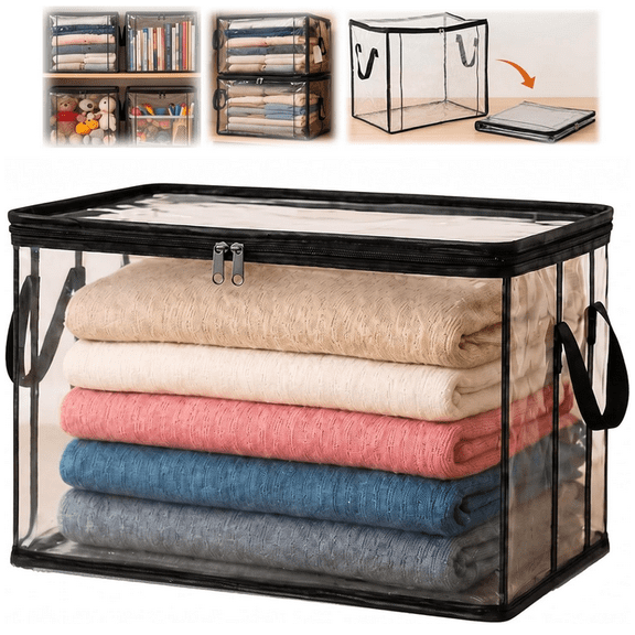 Large Clear Thick Plastic Storage Box with Hinged Lid, Large Heavy Duty Thick Plastic Clear Storage Box, Extra Large Capacity Storage Bins, Space-Saving Bag For Bedding Arrangement Black Large-1pcs