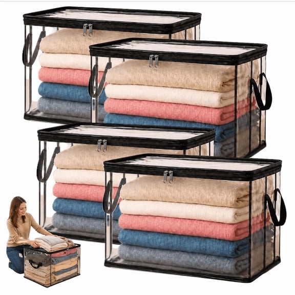 Large Clear Thick Plastic Storage Box with Hinged Lid, Large Heavy Duty Thick Plastic Clear Storage Box, Extra Large Capacity Storage Bins, Space-Saving Bag For Bedding Arrangement Black Large-4pcs
