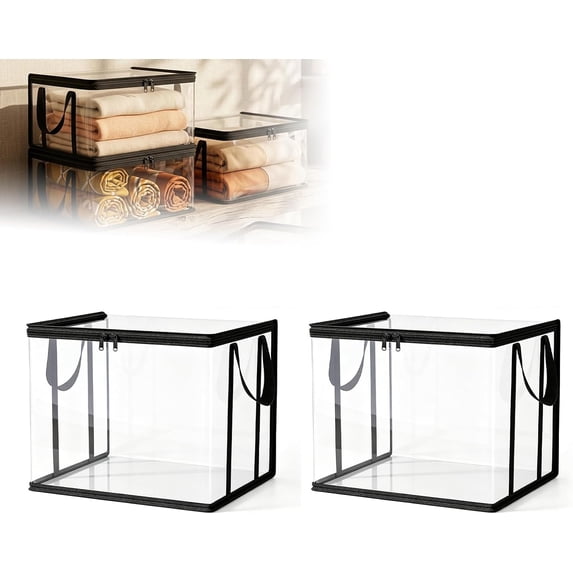 Large Clear Thick Plastic Storage Box with Hinged Lid, Thick Plastic Book Storage Bin, Stackable Collapsible Organizer Container for Books, Files, Magazines, Bedroom (Black *2)
