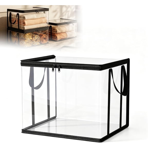 Large Clear Thick Plastic Storage Box with Hinged Lid, Thick Plastic Book Storage Bin, Stackable Collapsible Organizer Container for Books, Files, Magazines, Bedroom (Black *1)
