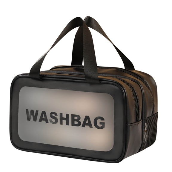 Large Clear Toiletry Bag 10.24x5.91x5.91 Inch 2 in 1 Cosmetic Organizer Pouch, Waterproof and Draining Wash Bag for Toiletries, Thickened Matte Translucent Makeup Bag with Handy Handle, Black