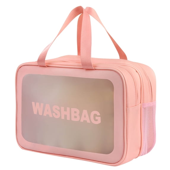 Large Clear Toiletry Bag 12.21x5.91x7.87 Inch 2 in 1 Cosmetic Organizer Pouch, Waterproof and Draining Wash Bag for Toiletries, Thickened Matte Translucent Makeup Bag with Handy Handle, Pink