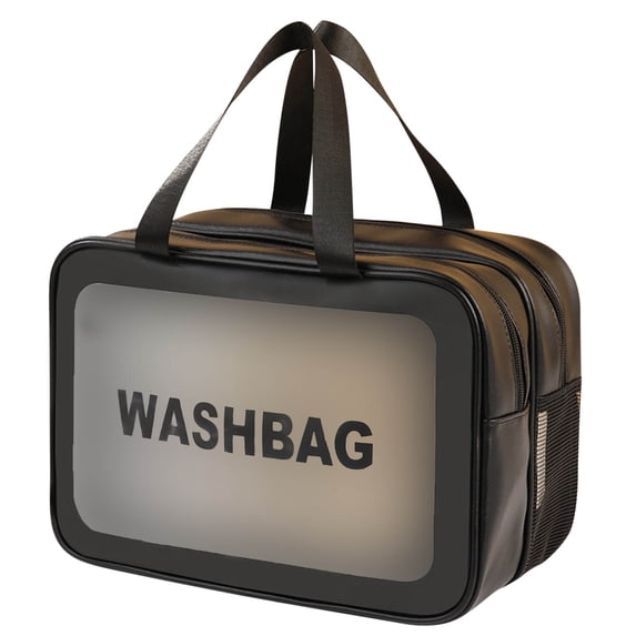 Large Clear Toiletry Bag 12.21x5.91x7.87 Inch 2 in 1 Cosmetic Organizer Pouch, Waterproof and Draining Wash Bag for Toiletries, Thickened Matte Translucent Makeup Bag with Handy Handle, Black