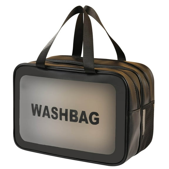 Large Clear Toiletry Bag 12.21x5.91x7.87 Inch 2 in 1 Cosmetic Organizer Pouch, Waterproof and Draining Wash Bag for Toiletries, Thickened Matte Translucent Makeup Bag with Handy Handle, Black