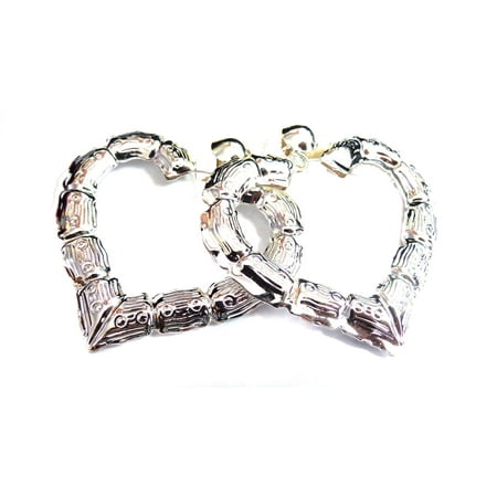 Large Clip-on Earrings Bamboo Heart Silver Tone Hoop Earrings 3 inch