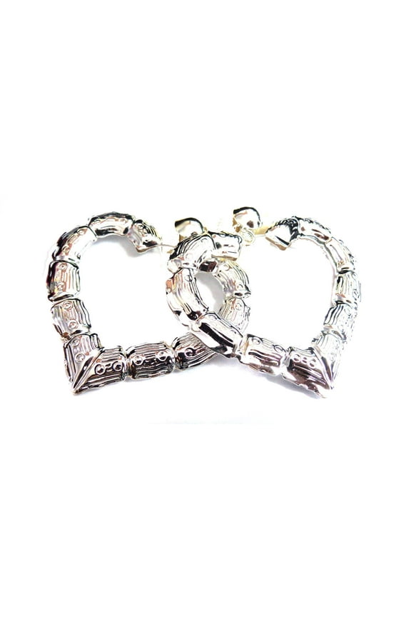 Large Clip-on Earrings Bamboo Heart Silver Tone Hoop Earrings 3 inch